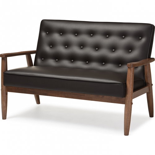 Sorrento Loveseat in Tufted Brown Leatherette & Walnut